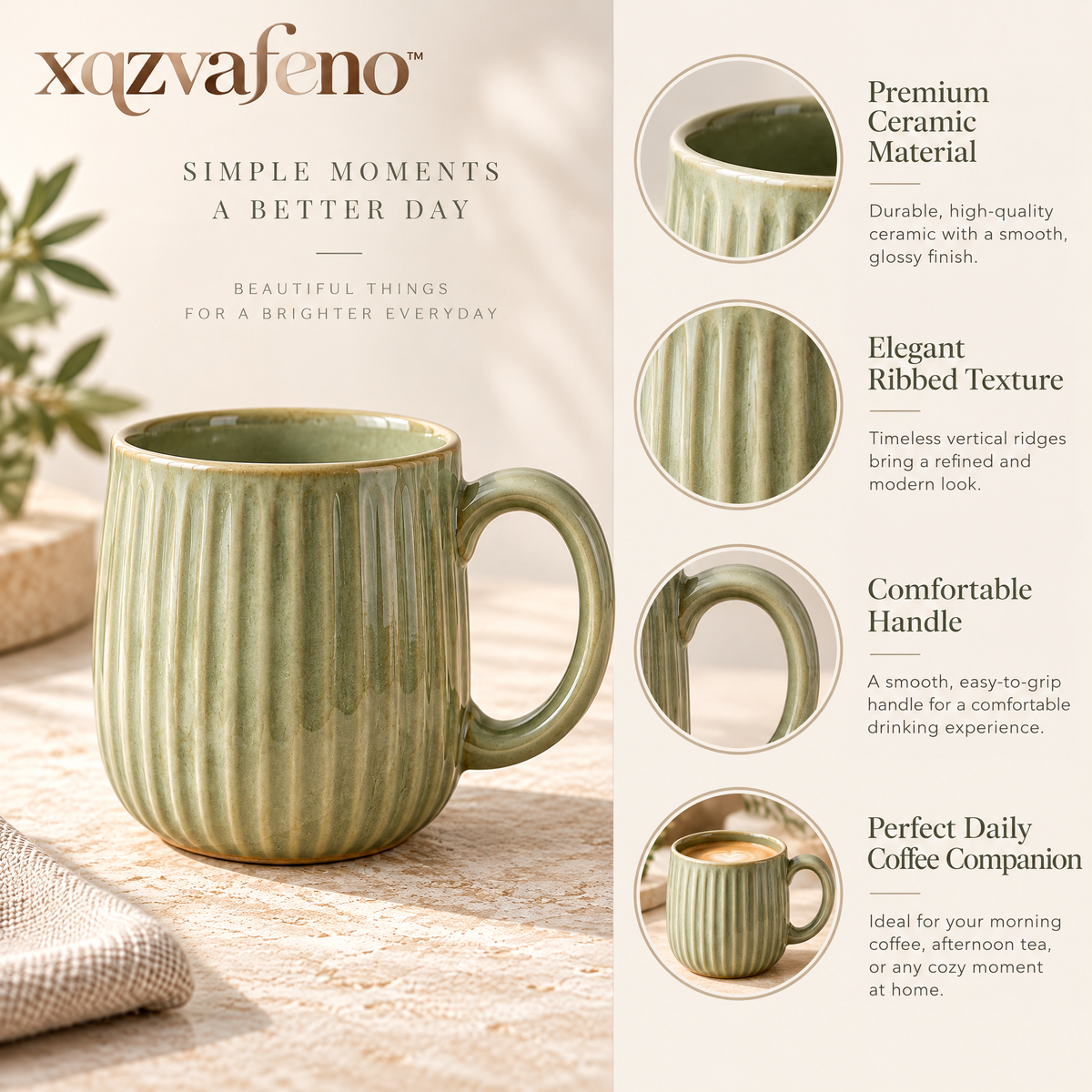 xqzvafeno™ Ribbed Ceramic Coffee Mug