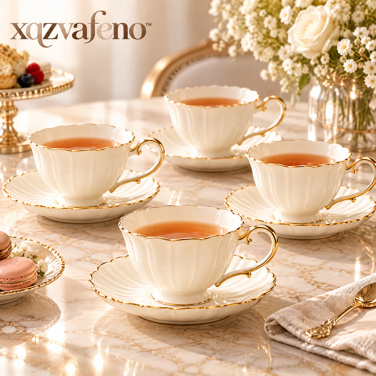 xqzvafeno™ Elegant Gold Rim Porcelain Teacup Set