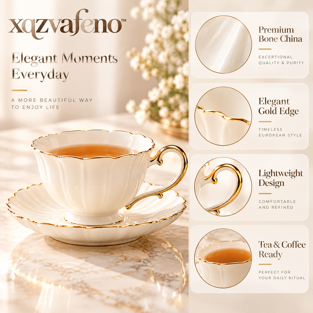 xqzvafeno™ Elegant Gold Rim Porcelain Teacup Set